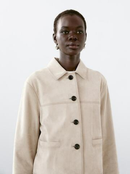 Massimo Dutti Короткая куртка из замши с декоративной строчкой, цвет льда