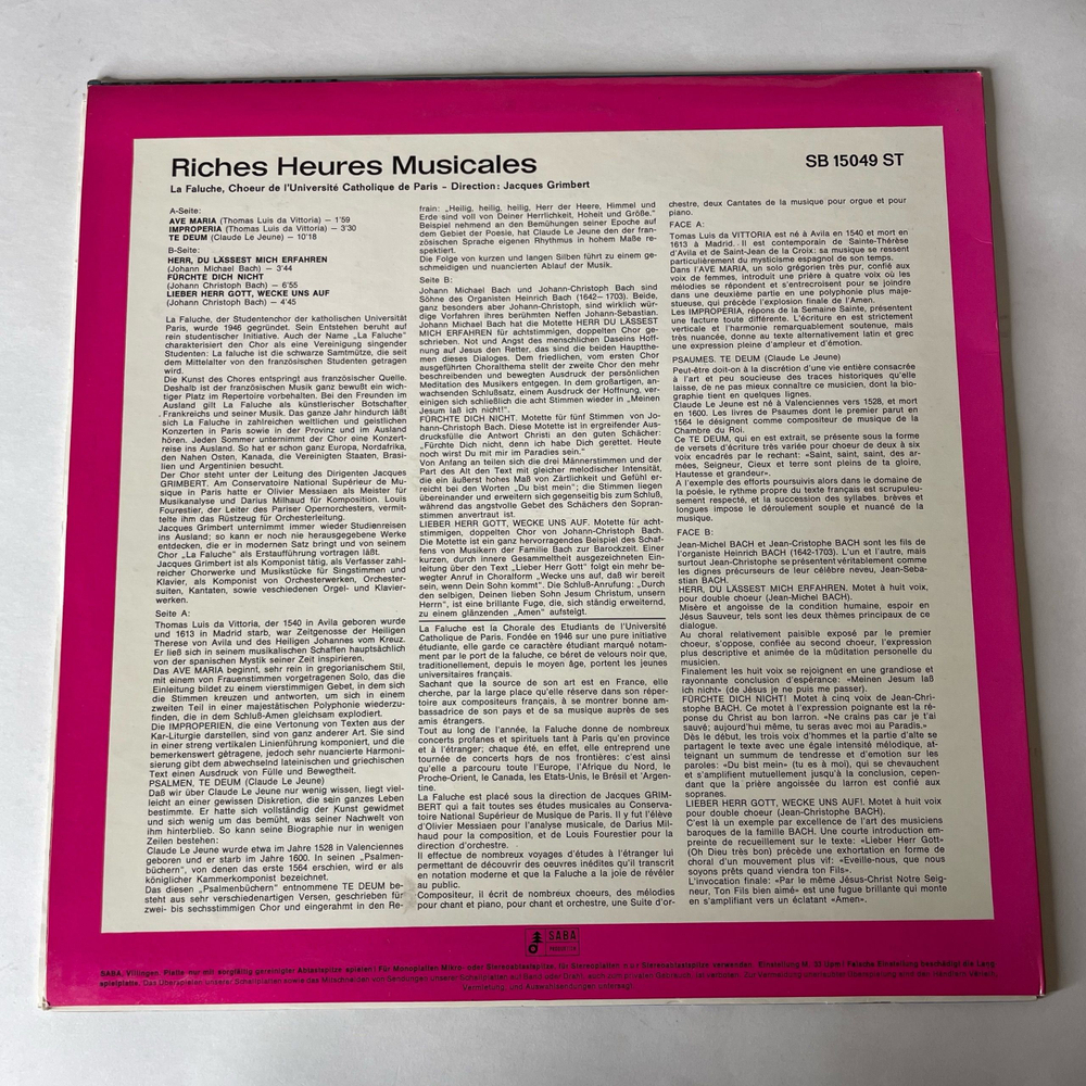 Винтажная виниловая пластинка LP La Faluche, Choeur De L'Universite Catholique De Paris, Jacques Grimbert, Riches Heures Musicales (Германия 1973)
