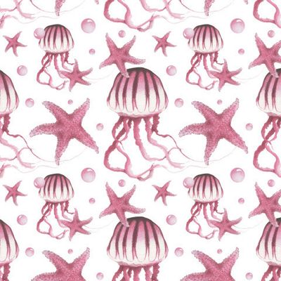 Розовые медузы и звезды на белом (морской паттерн)