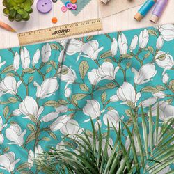 Ткань дюспо белые бутоны на бирюзовом фоне