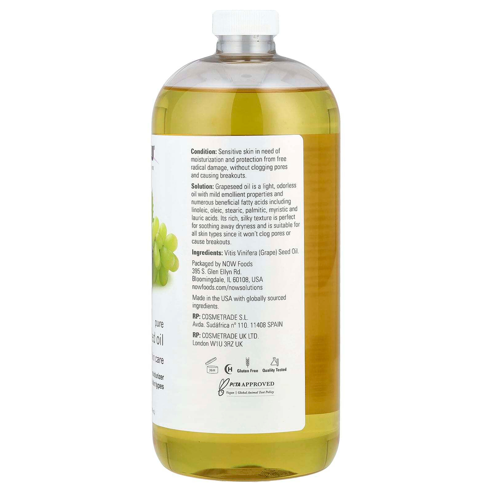 NOW Foods, Solutions, чистое масло из виноградных косточек, для всех типов кожи, 946 мл (32 жидк. Унции)