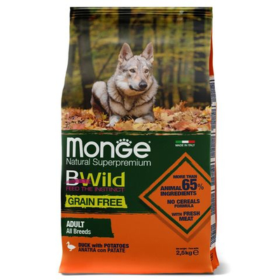 Сухой корм Monge Dog BWild GRAIN FREE для взрослых собак, беззерновой, утка с картофелем