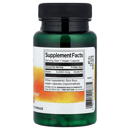 Swanson Vitamins, биотин, 5000 мкг, 100 веганских капсул