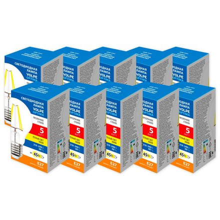 LED-A60-5W-3000K-E27-CL-SLF Набор из 10штук Лампа светодиодная. Форма А. прозрачная. Серия Optima Филамент. Теплый белый свет 3000K. ТМ Volpe