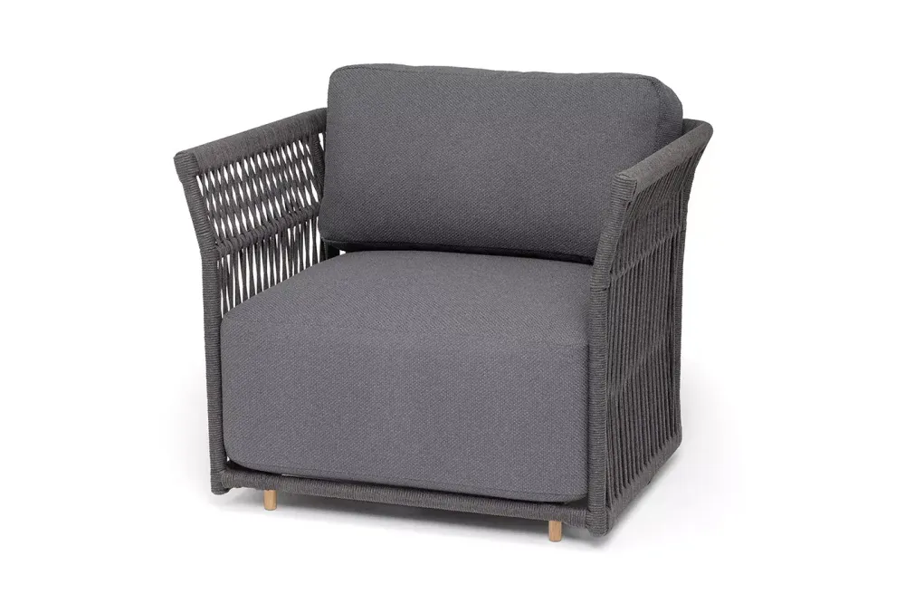 "Лугано" кресло плетеное из роупа, каркас алюминий темно-серый (RAL7024) муар, роуп темно-серый круглый, ткань темно-серая YB25-0027