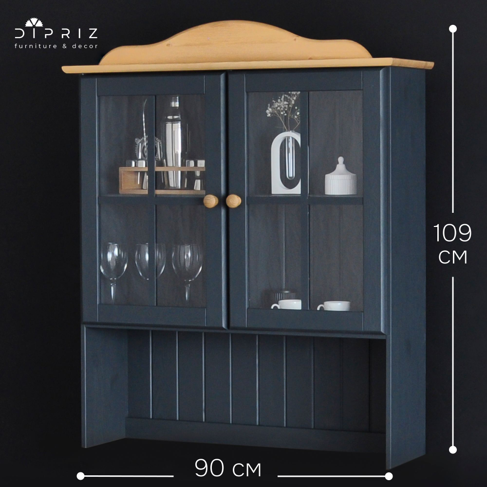 Шкаф Лена двухдверный из сосны (верхняя часть буфета), серый/антик