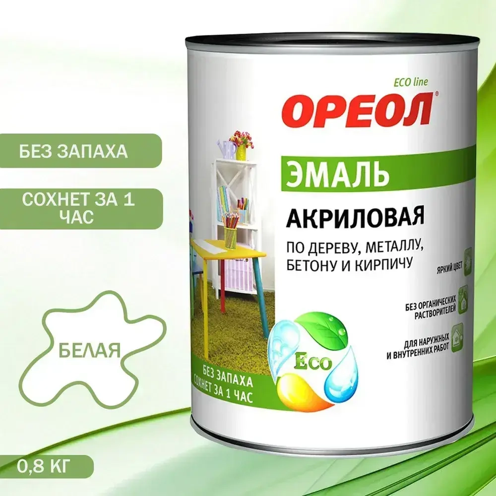 Эмаль универсальная акриловая Ореол глянцевая белая 0,9 кг