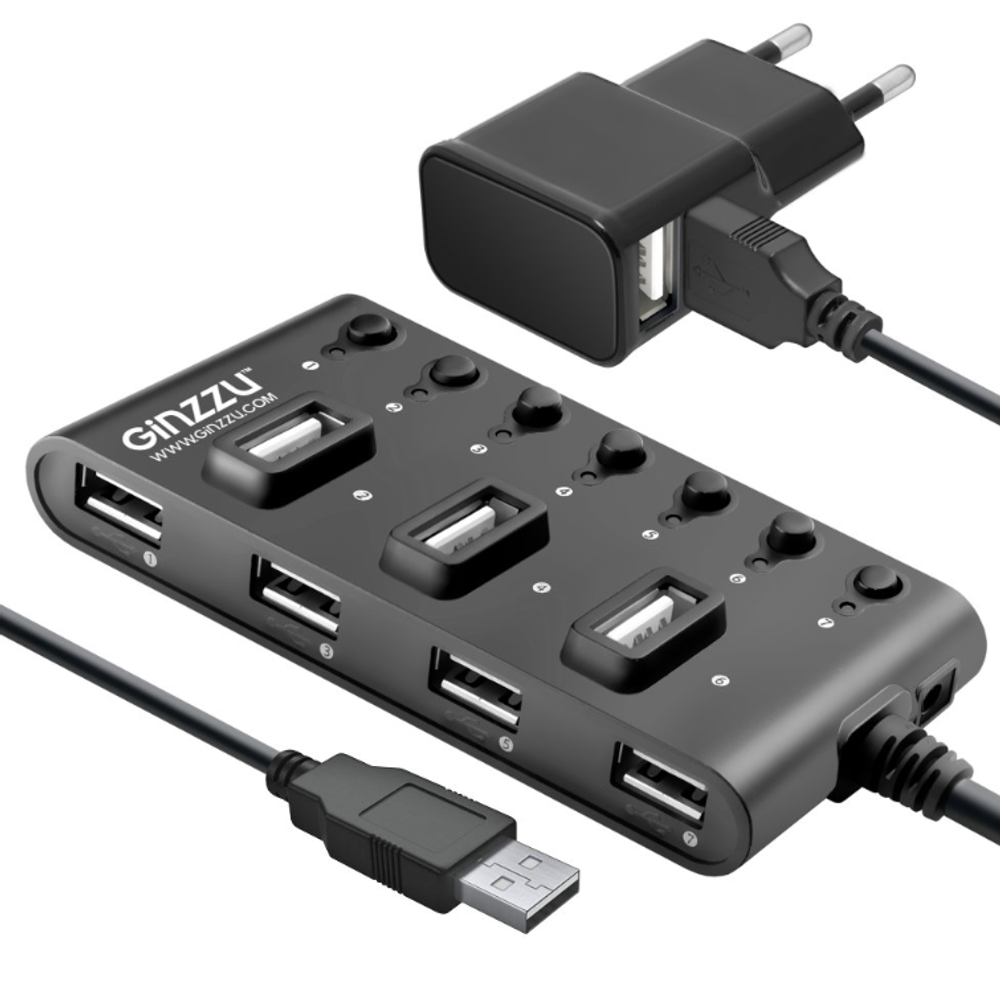 Картридер USB - Xaб Ginzzu GR-487UAB (7USB 2.0) + адаптер