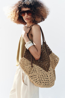 ZARA СУМКА-ШОПЕР С ПЛЕТЕНЫМ КОРПУСОМ, СВЕТЛО-БЕЖЕВЫЙ