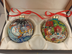 Набор новогодних шаров с авторской росписью Палех "Алиса в стране чудес" и  "Снежная королева"