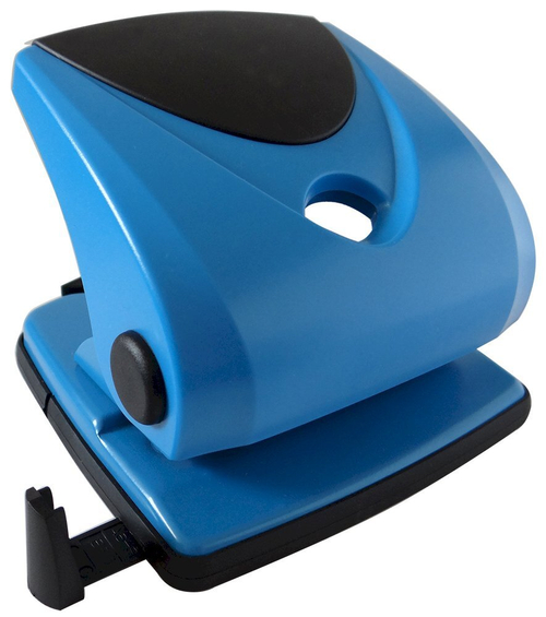 Дырокол на 2 отверстия до 30 листов усиленный пластиковый корпус с выдвижной линейкой синий
