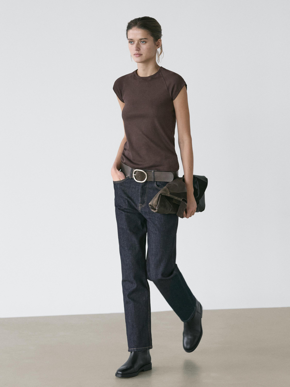 Massimo Dutti Хлопковая футболка с короткими рукавами, коричневый