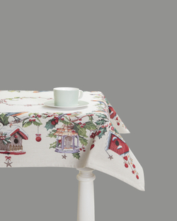 Скатерть-наперон 100х100см Mix&Match Home Зимний пир Скворечники бежевый