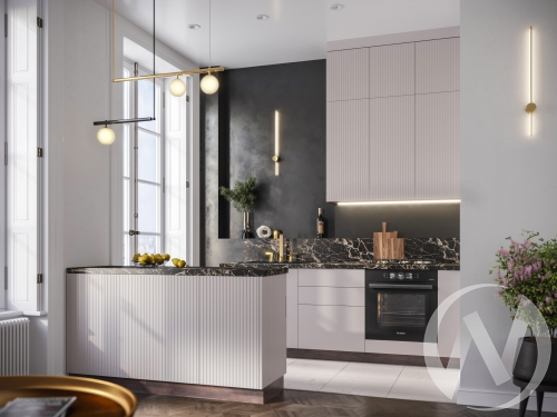 Кухня "Сиэль Инь Ян" атласный серый (корпус дуб кальяри)