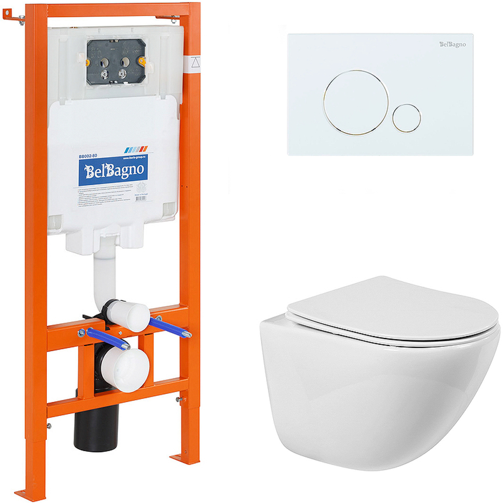 Комплект унитаза с инсталляцией BelBagno Amanda BB051CHR/BB051SC/BB002-80/BB014-SR-BIANCO с сиденьем Микролифт и Белой клавишей смыва