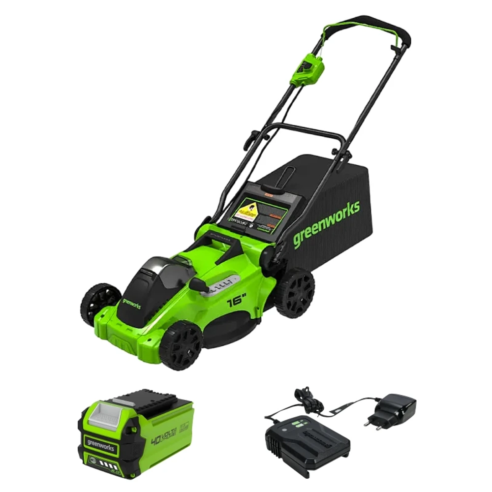 Аккумуляторная газонокосилка Greenworks GD40LM16XK2 40В (1 x 2 Ач, ЗУ) нож 41 см, 2517907UA