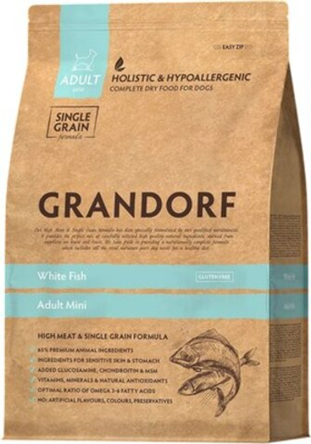 GRANDORF Сухой корм для взрослых собак мини пород с белой рыбой и рисом 1  кг