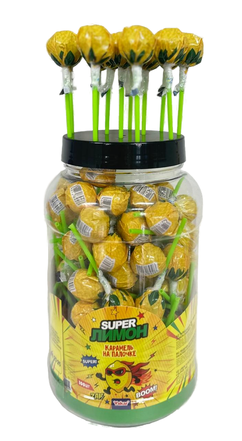 Карамель на палочке Yakar "Super Лимон" со вкусом лимона 16г*100шт*6 банок