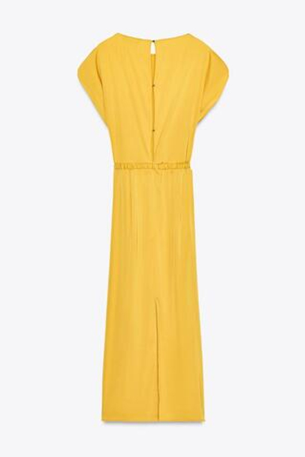 ZARA АТЛАСНОЕ ПЛАТЬЕ МИДИ С ПОЯСОМ, ГОРЧИЧНЫЙ