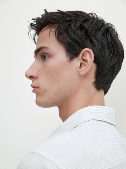 Massimo Dutti ЛЬНЯНАЯ РУБАШКА КЛАССИЧЕСКОГО КРОЯ В ПОЛОСКУ, СИНИЙ