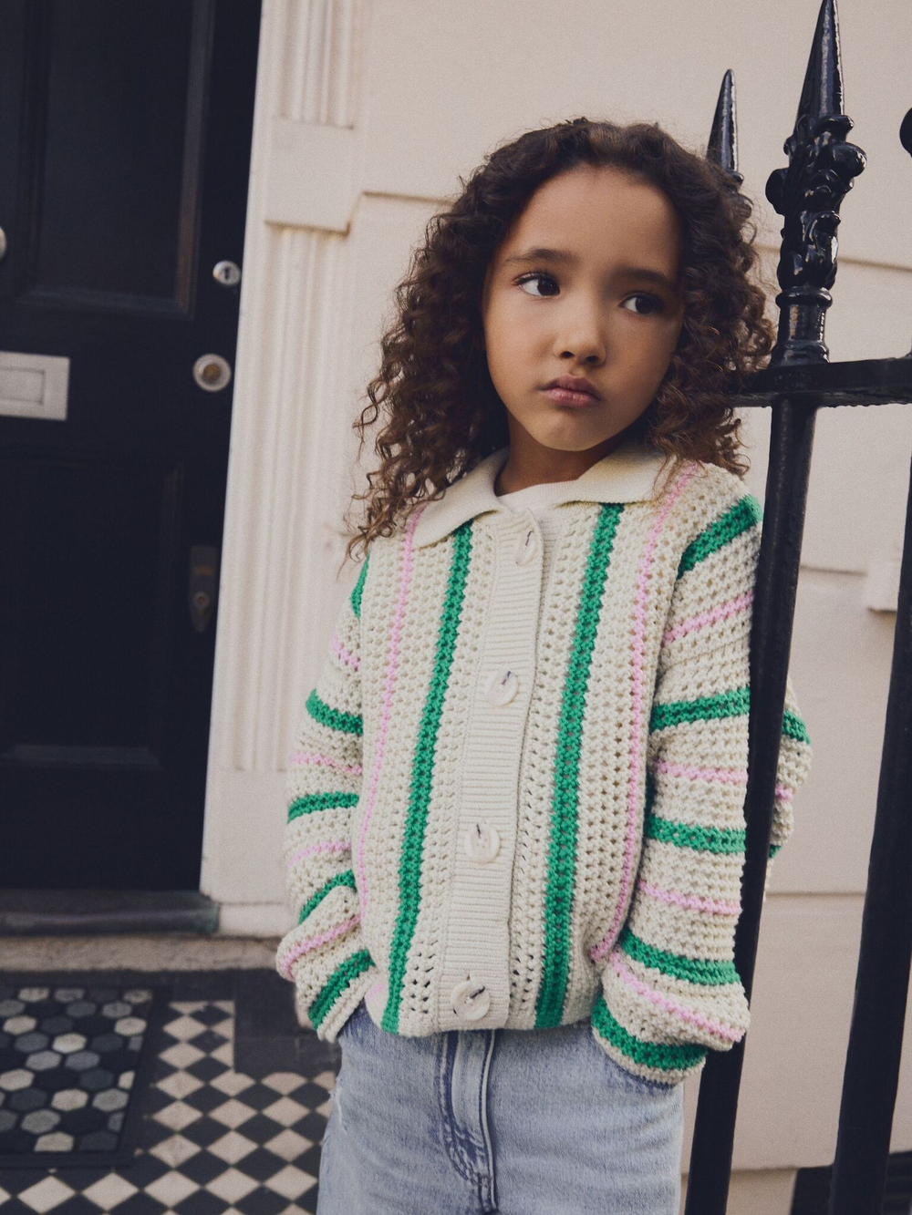 Кардиган вязаный с воротником для девочки Next E25-053, Кремовый, Зеленый