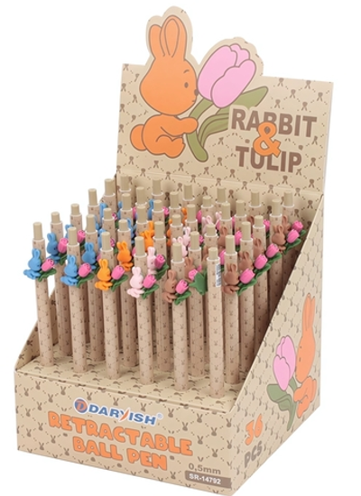 Ручка шарик. автомат. "Зайка с тюльпаном" синяя, корпус беж,с цвет. прозрач.вставка (Darvish)