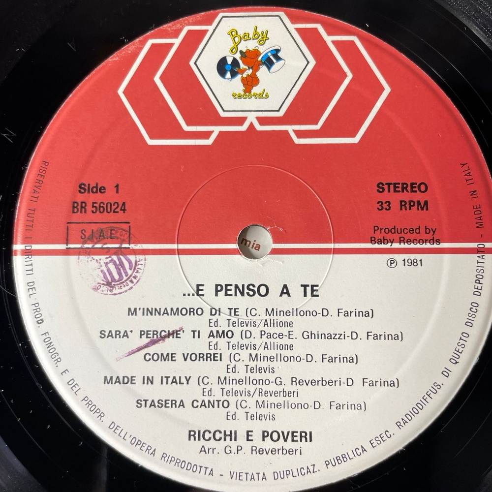 Винтажная виниловая пластинка LP Ricchi E Poveri Богатые и Бедные, E Penso A Te (Италия 1981)
