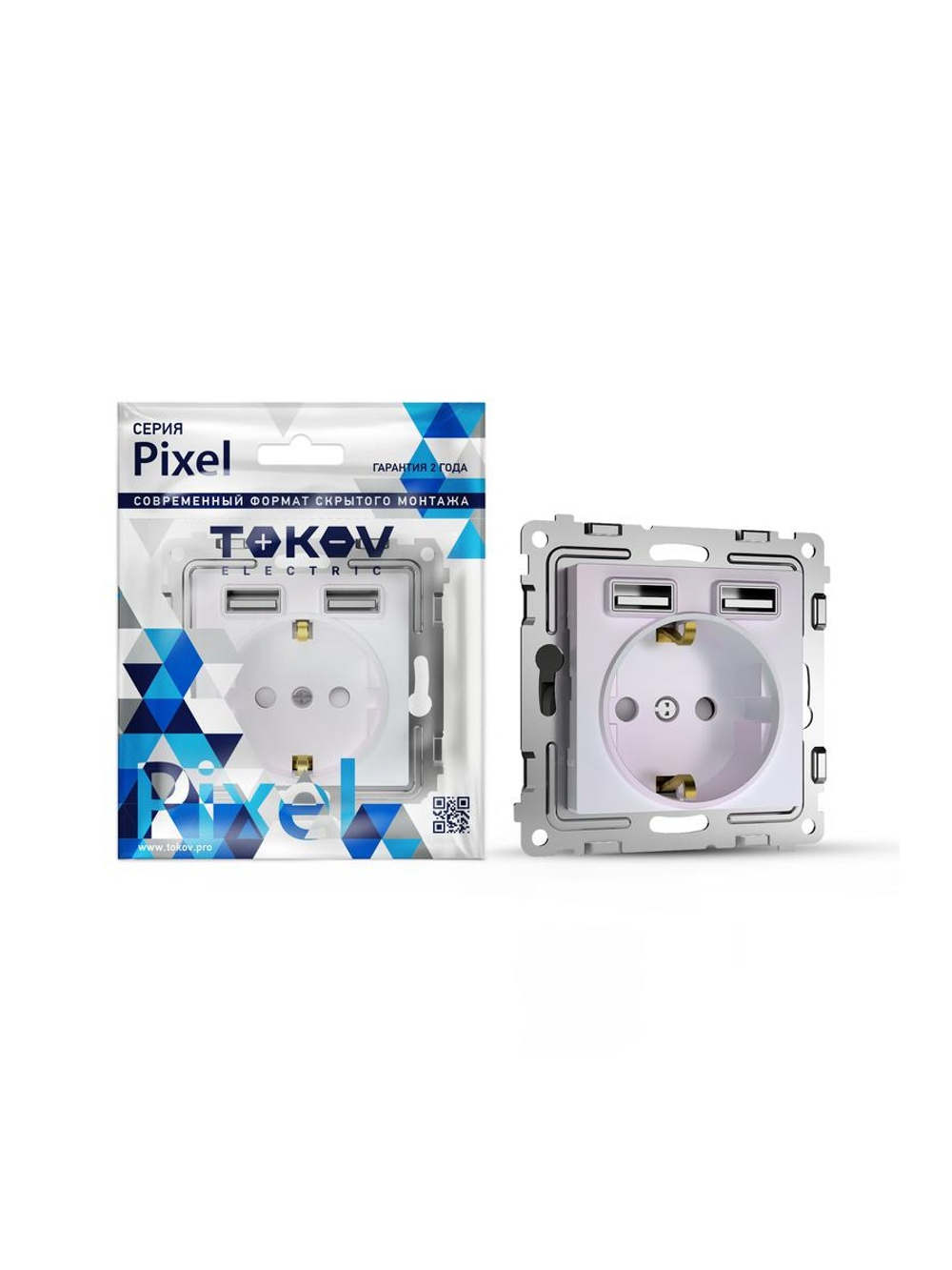 Розетка 1-м СП Pixel IP20 с заземл. с 2-мя заряд. устр. USB тип A+A механизм перламутр. TOKOV ELECTRIC TKE-PX-R1U2A-C04