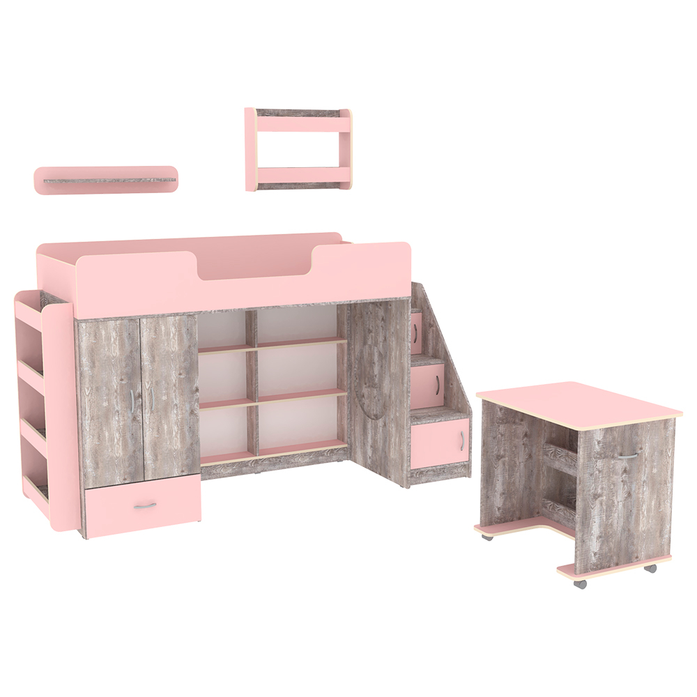 Кровать-чердак КарИВи Л-3.6 с полками Бетон Розовый