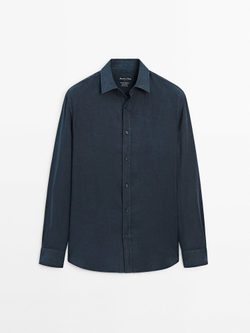 Massimo Dutti 100% льняная приталенная рубашка,  темно-синий