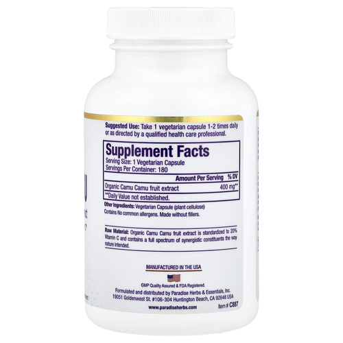 Paradise Herbs, экстракт каму-каму премиального качества, 400 мг, 180 вегетарианских капсул