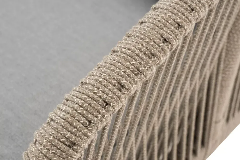 "Канны" диван 2-местный плетеный из роупа, каркас алюминий светло-серый (RAL7035) муар, роуп серый меланж круглый, ткань светло-серая