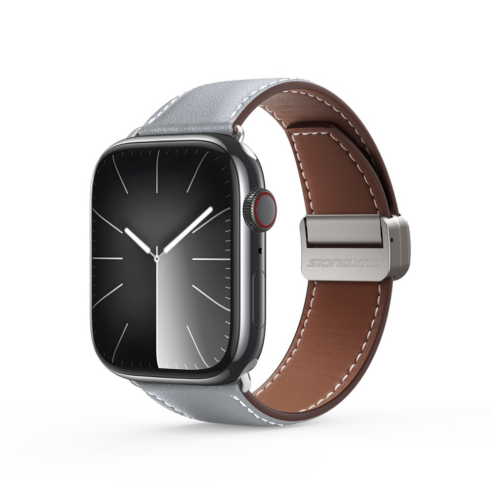 Ремешок из натуральной кожи серого цвета от Dux Ducis для смарт часов Apple Watch 42, 44, 45, 46, 49мм, серия YA Series