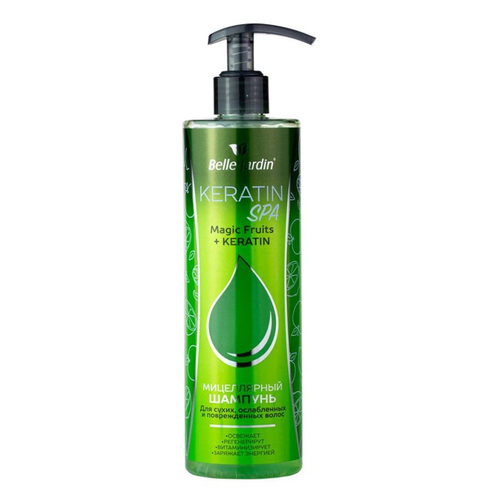 B.J. Keratin Spa MAGIC FRUITS+KERATIN Мицеллярный шампунь для сухих и повреждённых волос, 400 мл*20 зеленый