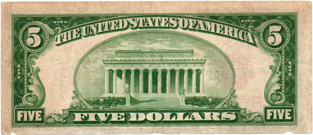 r. 5 долларов 1928 г. Серия 1928-B. № D98316930A