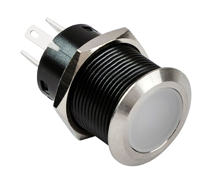 Кнопка без фиксации, подсветка белая, наклейки, 12 В, 20А, 19мм