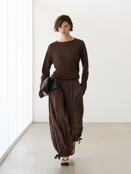 Massimo Dutti Свитер из льняного трикотажа с круглым вырезом, коричневый