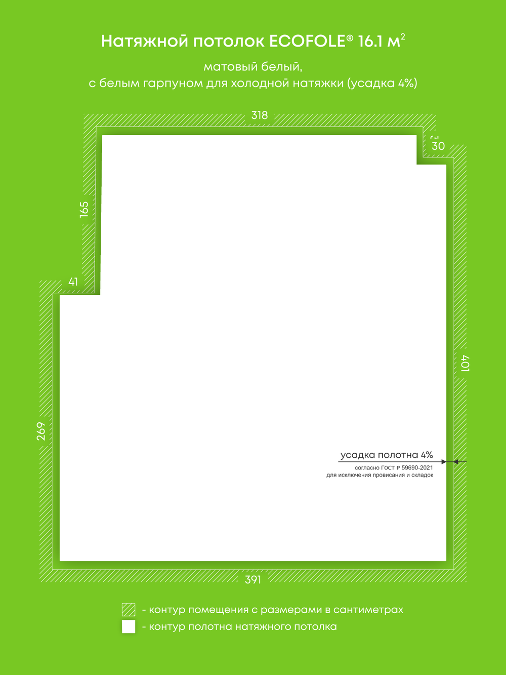 Матовый натяжной потолок 16.1 м2