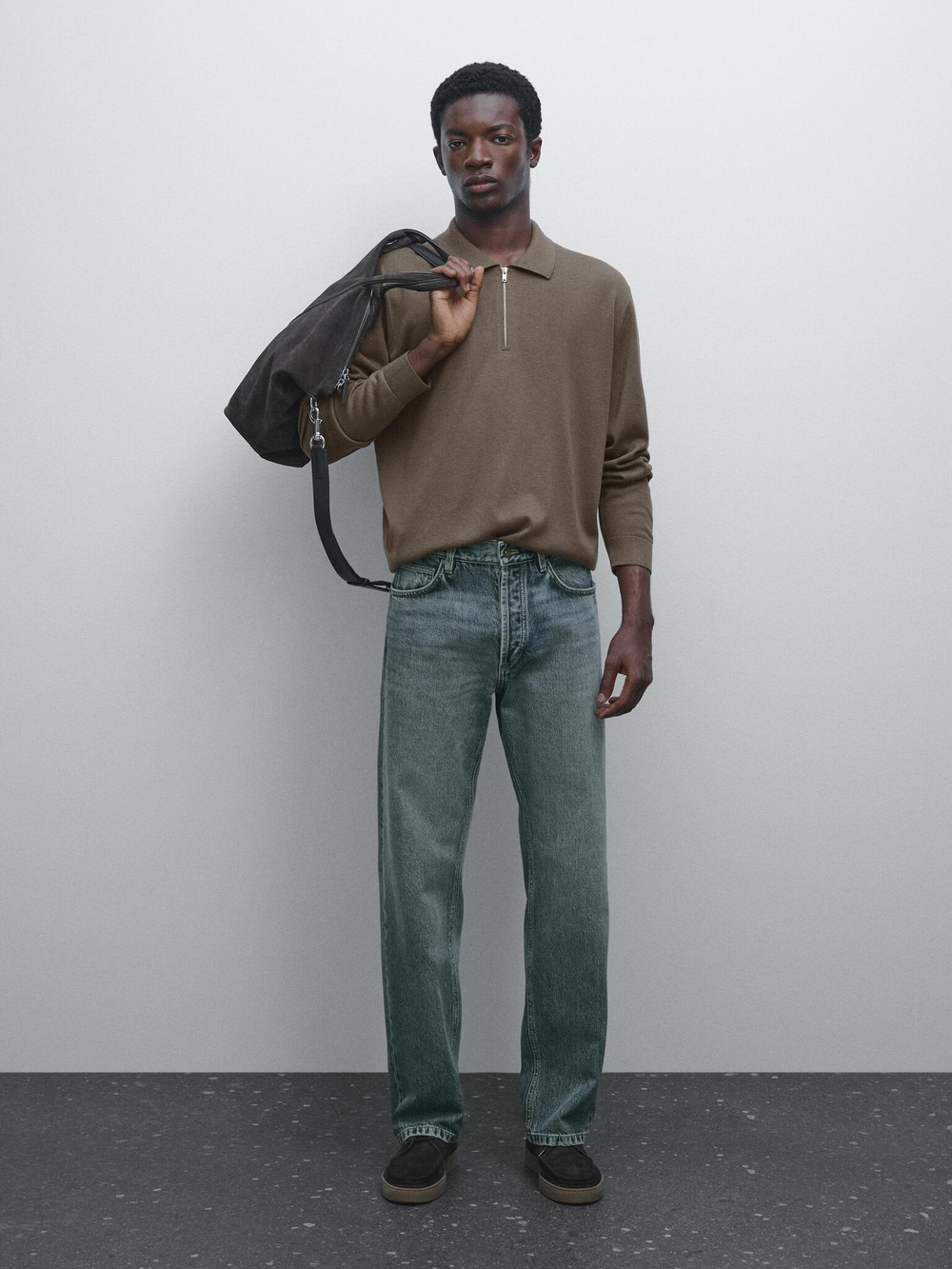 Massimo Dutti Свитер поло с молнией, хаки