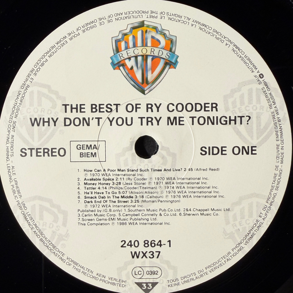 Ry Cooder – Why Don't You Try Me Tonight? The Best Of Ry Cooder (Германия 1986г.)
