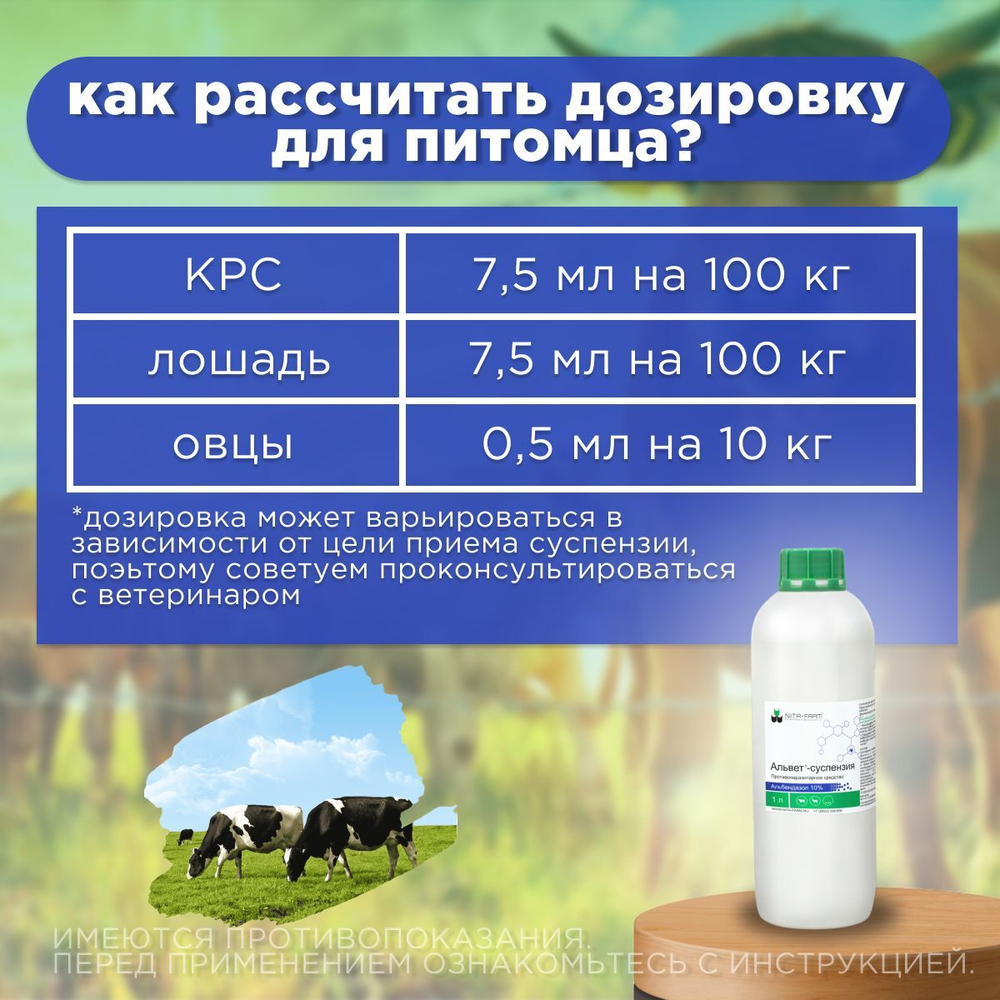 Суспензия для орального применения от гельминтов, для КРС, лошадей и овец (NITA-FARM), 1л. Альбендазол