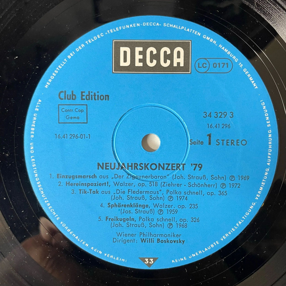 Винтажная виниловая пластинка LP Wiener Philharmoniker , Dirigent: Willi Boskovsky, Neujahrskonzert 79 (Германия 1979)