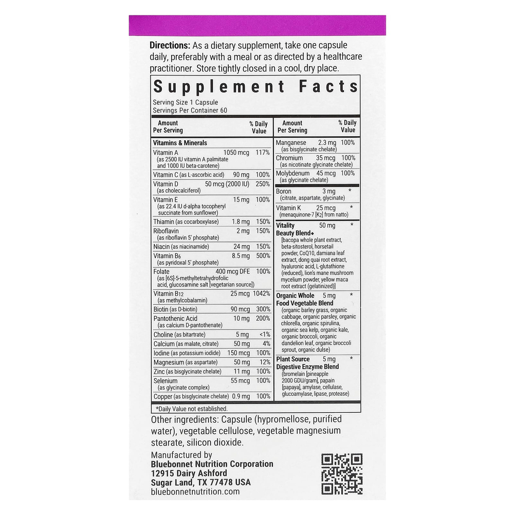 Bluebonnet Nutrition, Ladies' ONE® 40+, цельнопищевая мультивитаминная добавка, 60 растительных капсул