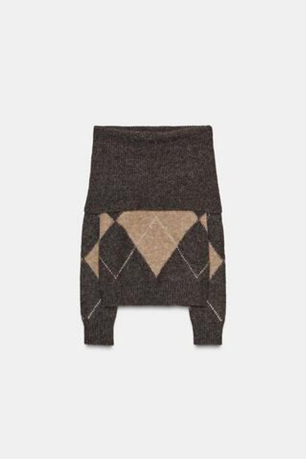 ZARA ТРИКОТАЖНЫЙ ДЖЕМПЕР С ОТКРЫТЫМИ ПЛЕЧАМИ И УЗОРОМ «РОМБЫ», СЕРЫЙ/БЕЖЕВЫЙ