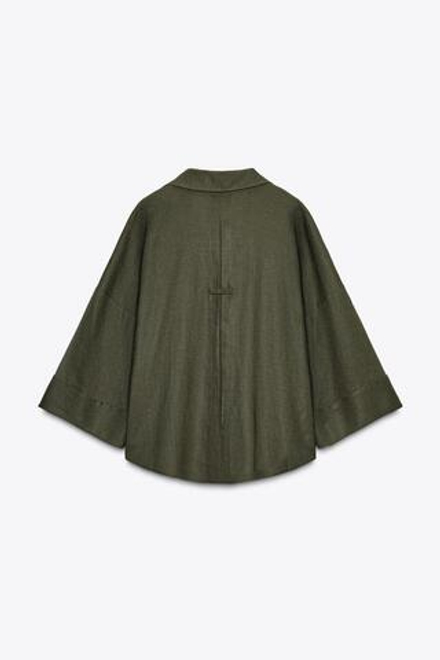 ZARA РУБАШКА ИЗ СМЕСОВОГО ЛЬНА С ШИРОКИМИ РУКАВАМИ, ТЕМНЫЙ ХАКИ