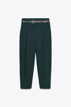 ZARA БРЮКИ С ЗАЩИПАМИ И РЕМНЕМ, СИНЕ-ЗЕЛЕНЫЙ