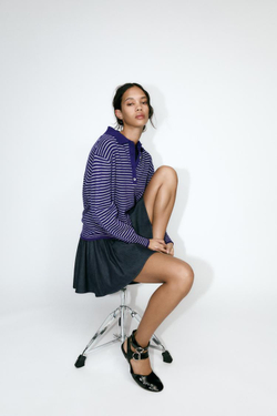 ZARA СВИТЕР В ПОЛОСКУ С ВОРОТНИКОМ ПОЛО, СИНИЙ/БЕЛЫЙ