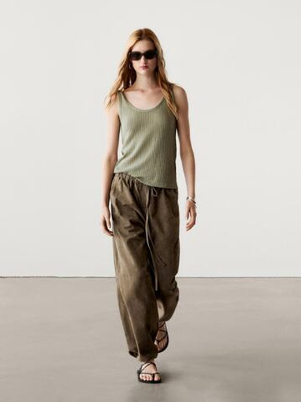 Massimo Dutti Топ с горловиной в рубчик и бретелями, зеленый