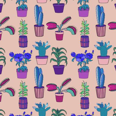 Seamless pattern of flowerpots, cacti in pots.