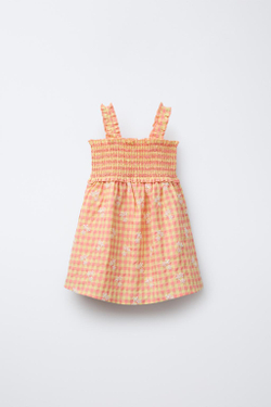 ZARA ПЛАТЬЕ В КЛЕТКУ ВИШИ С ЦВЕТОЧНЫМ УЗОРОМ, ОРАНЖЕВЫЙ/ЖЕЛТЫЙ